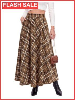 Women's Plaid Maxi Skirt A-Line High Waist Ankle Length with Pockets Fall